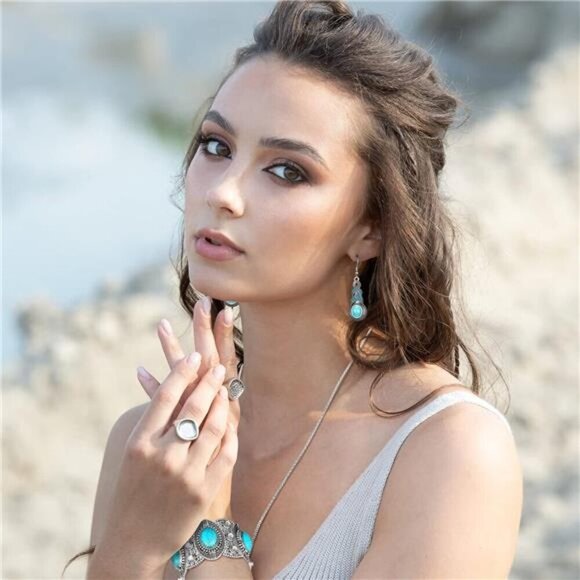 3 Pcs Bohemian Western Turquoise Necklace Earrings and Bracelet set - Picture 6 of 7